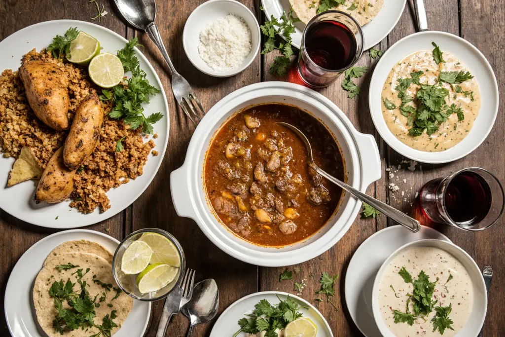 A sophisticated table spread featuring creamy chicken, beef stew, and vegetarian High Protein dump dinners.