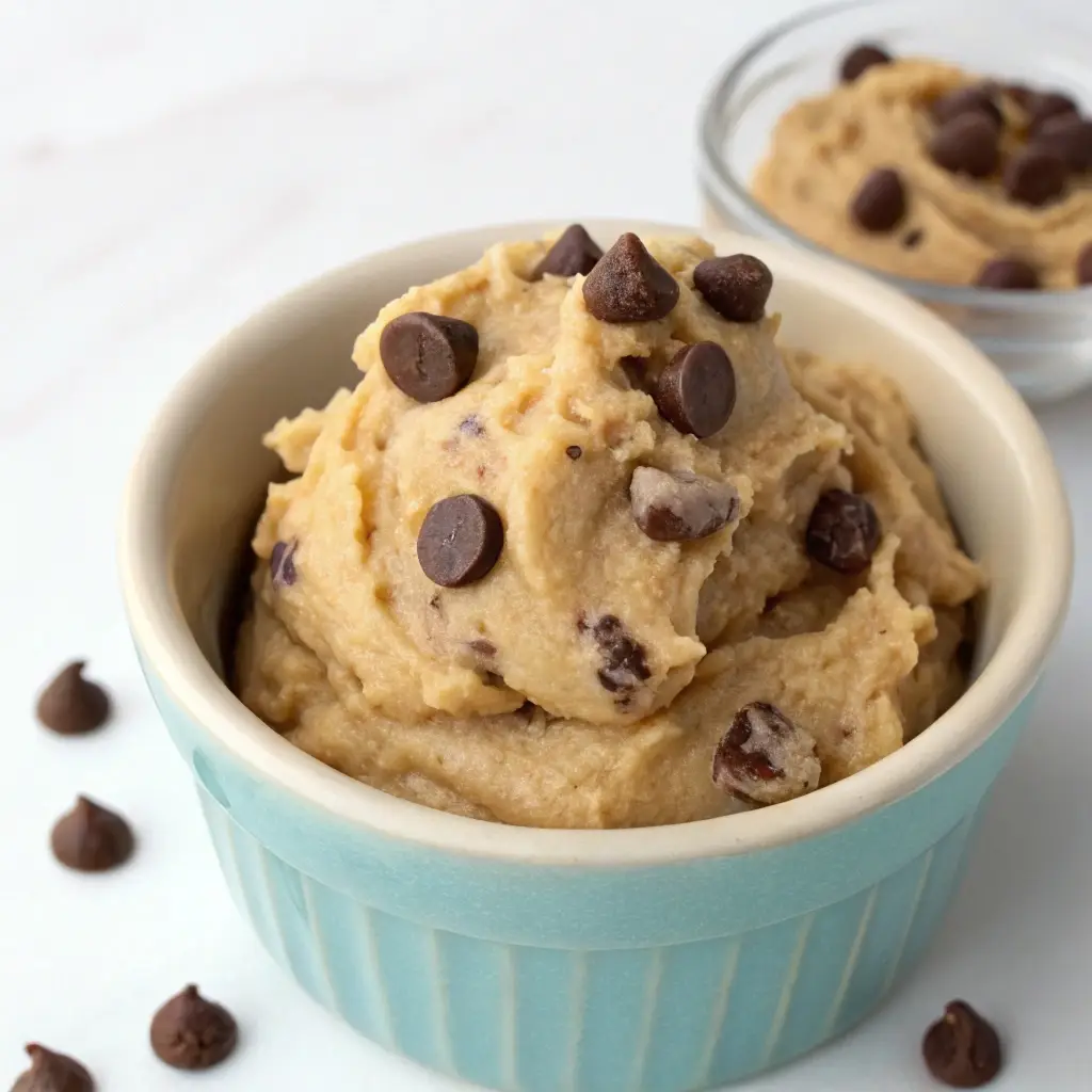 A small ceramic bowl filled with creamy high protein edible cookie dough topped with chocolate chips.