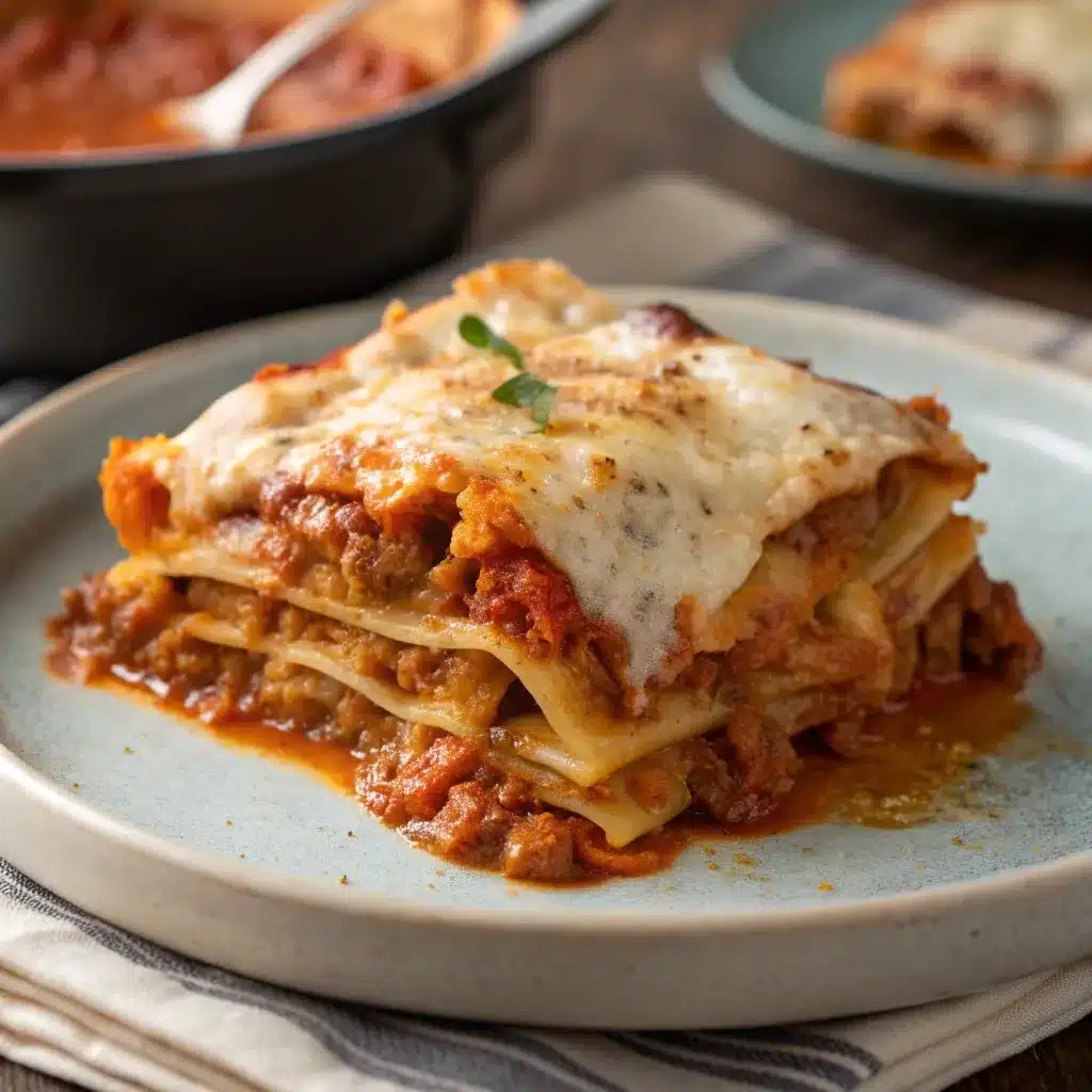 A slice of cheesy high protein lazy lasagna showing layers of ravioli.