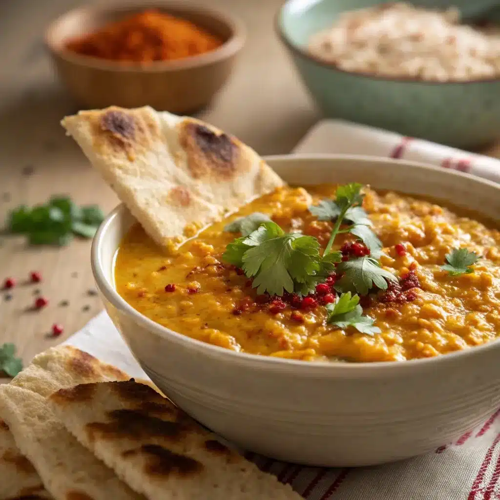 A bowl of creamy yellow lentil curry served with naan bread.
