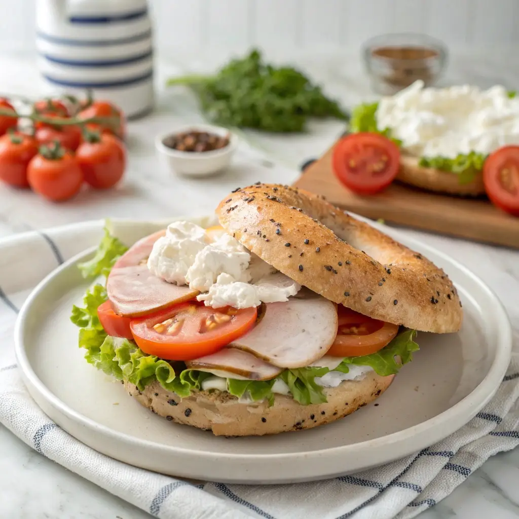 A high protein cottage cheese bagel filled with sliced turkey, lettuce, and tomato for a healthy lunch.