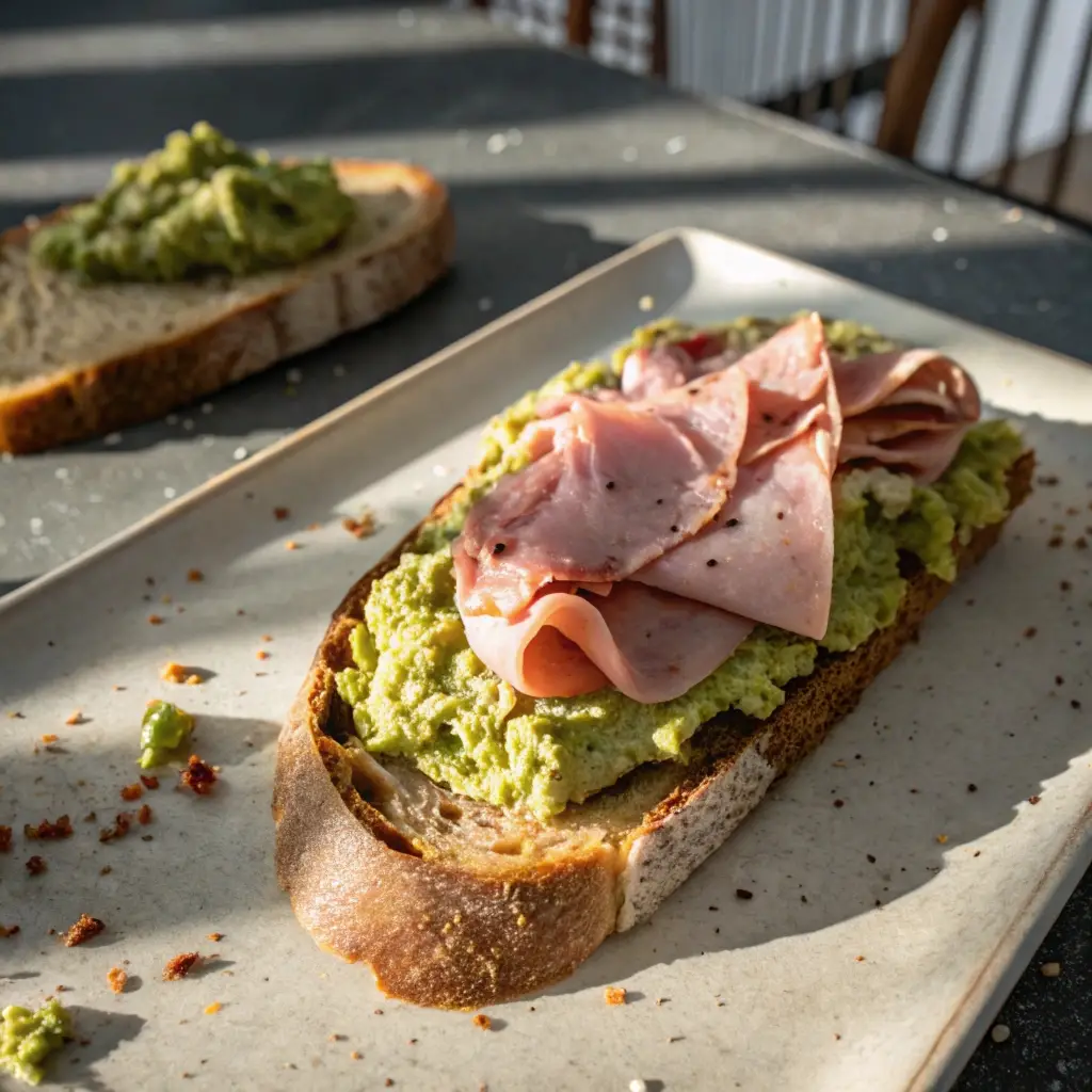 Avocado toast stacked with smoked turkey for lunch.
