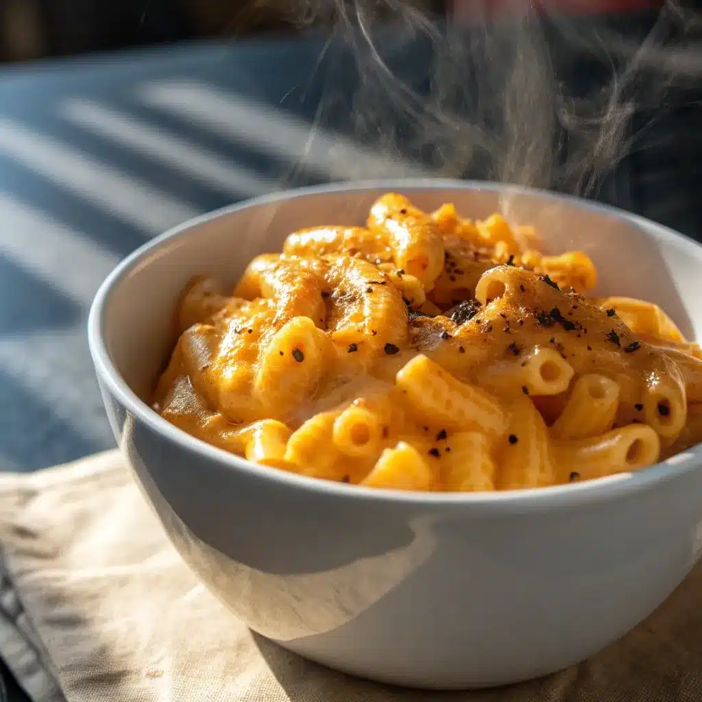 A bowl of glossy High Protein Mac and Cheese.