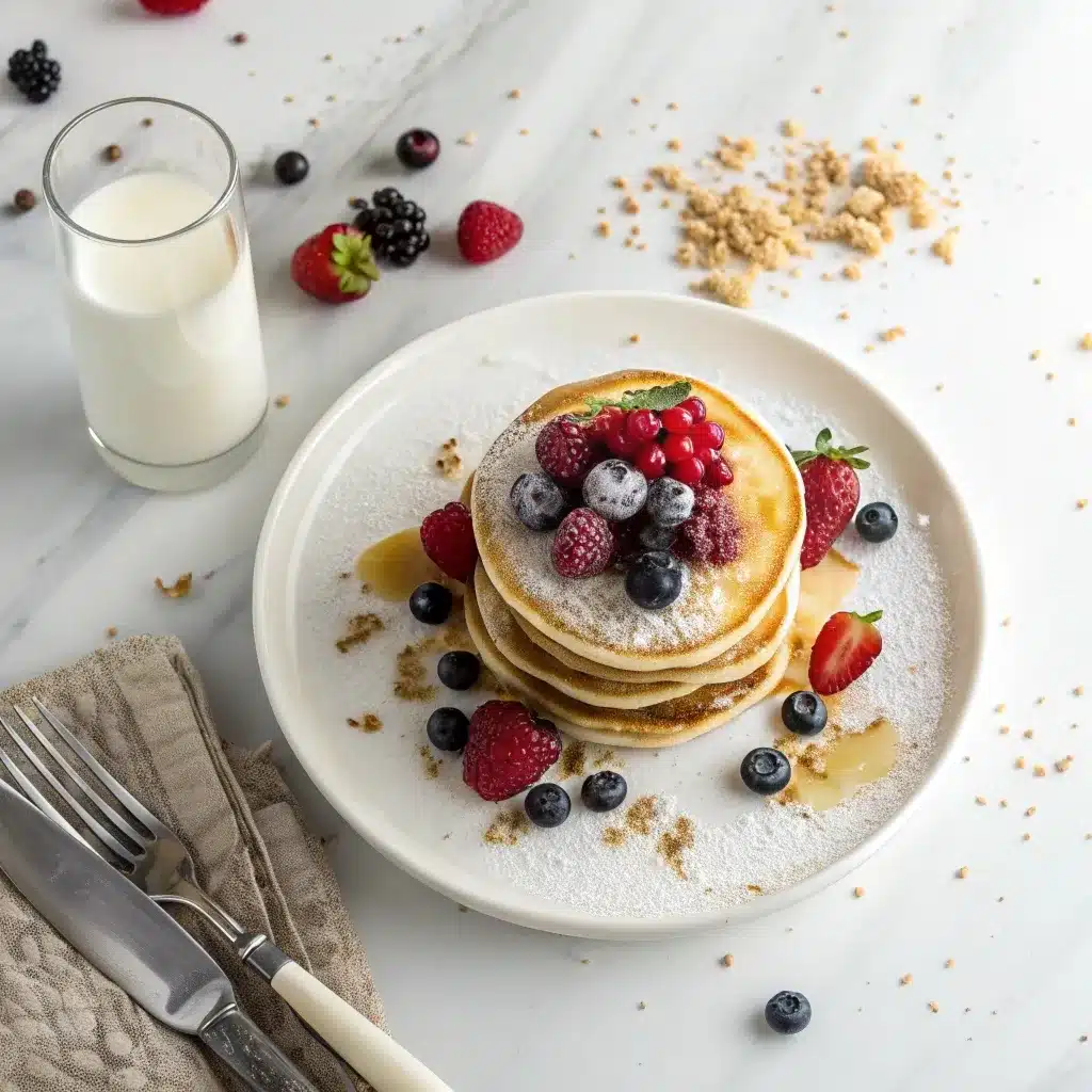 High protein pancake breakfast with berries and milk.