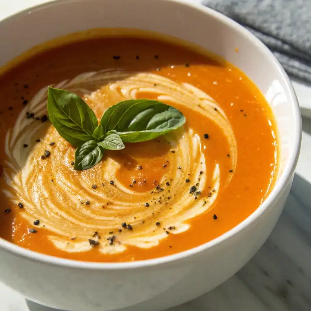 A creamy bowl of High Protein Tomato Soup with basil garnish.