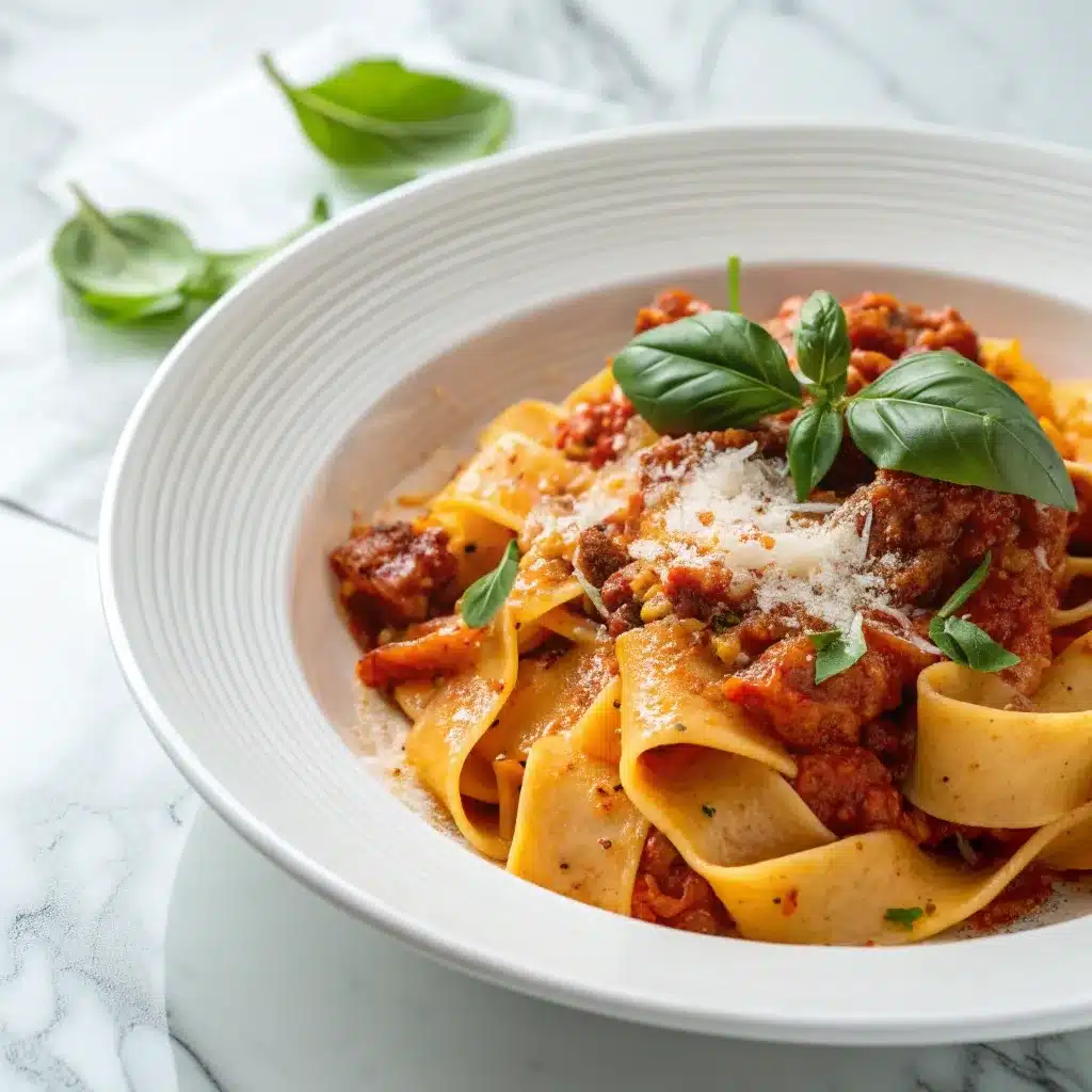 High protein turkey bolognese served on a white pasta plate over wide pappardelle pasta with fresh basil.