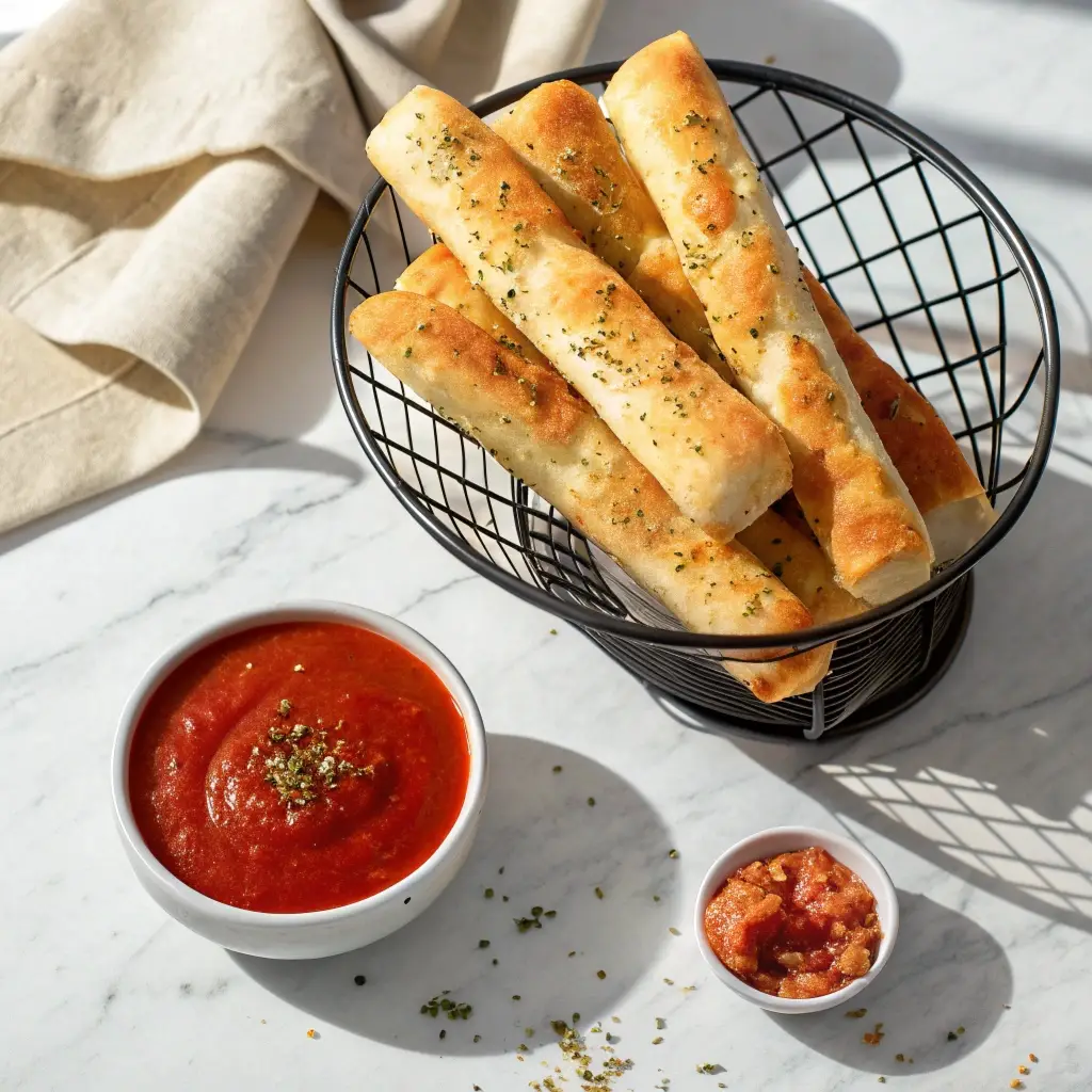 A basket of homemade cheesy bread served with a side of marinara sauce.