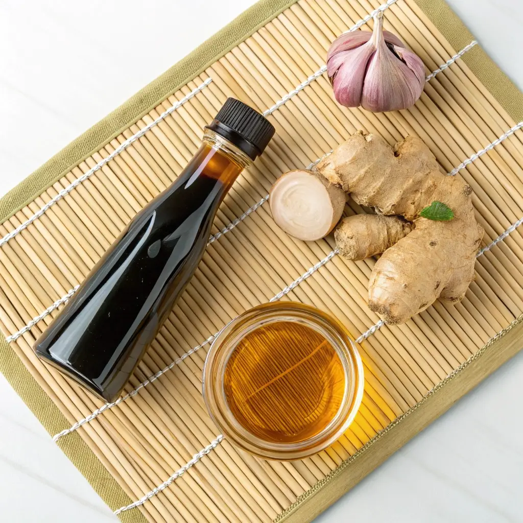Ingredients for homemade teriyaki sauce including soy sauce, honey, fresh ginger root, and garlic cloves.