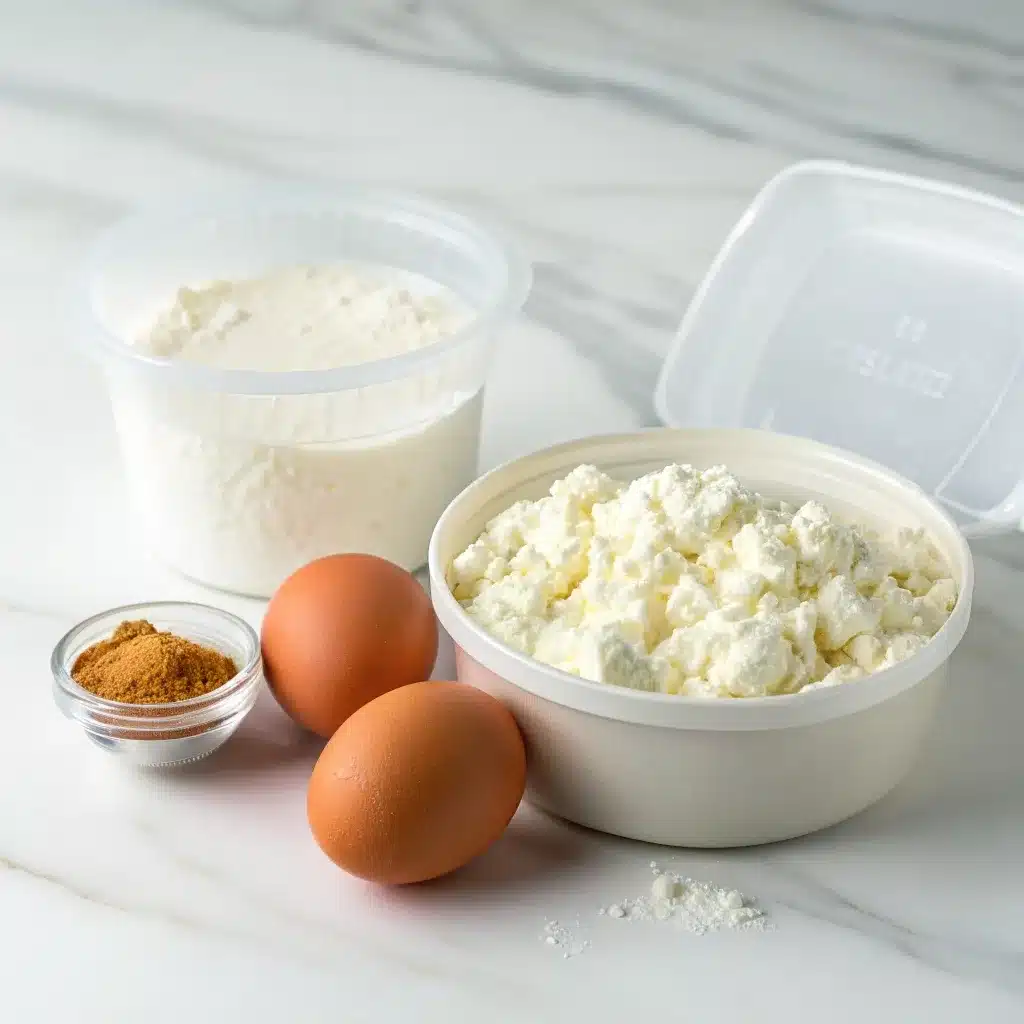 A tub of full fat cottage cheese and two fresh eggs on a marble counter.
