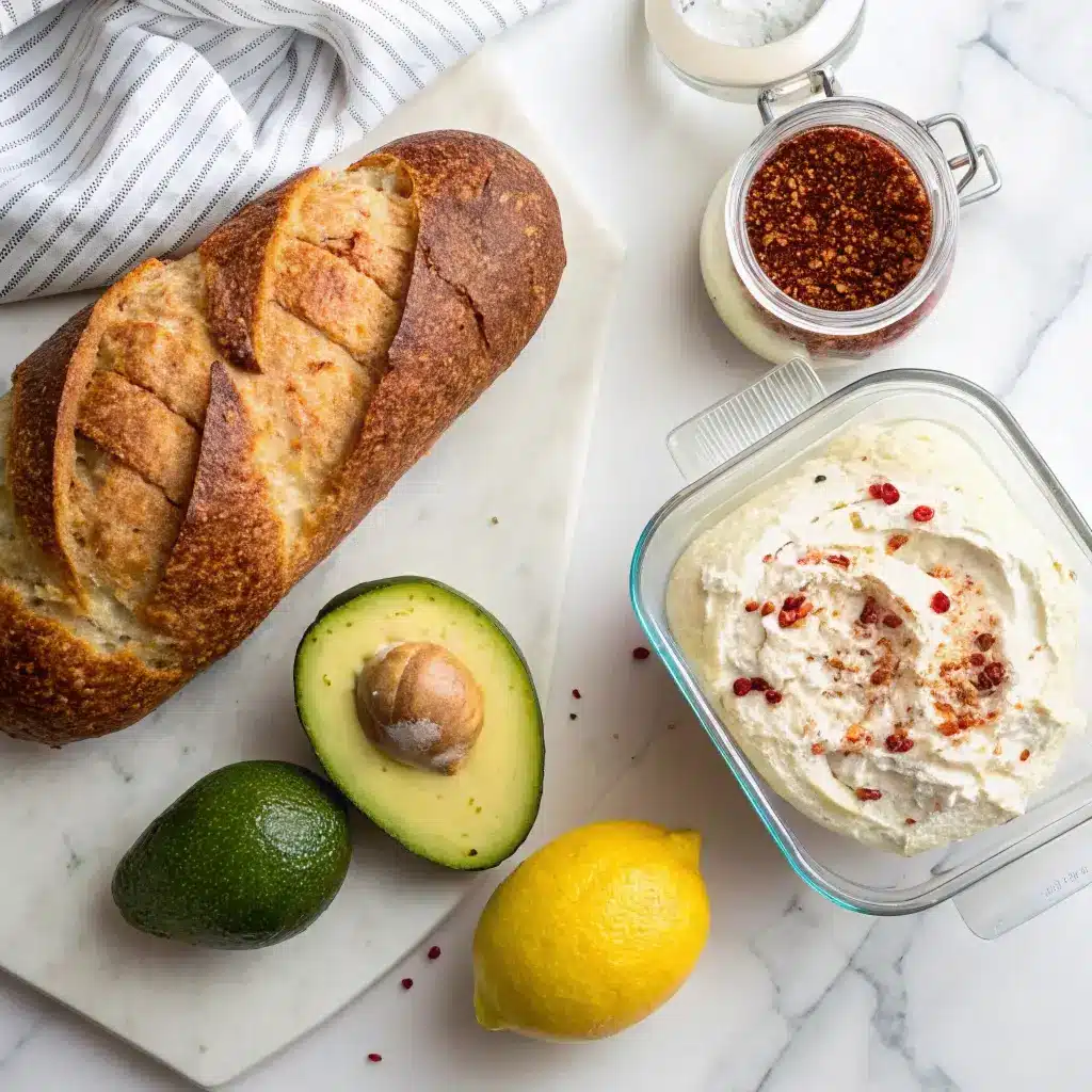 Ingredients for avocado cottage cheese toast including sourdough and avocados.
