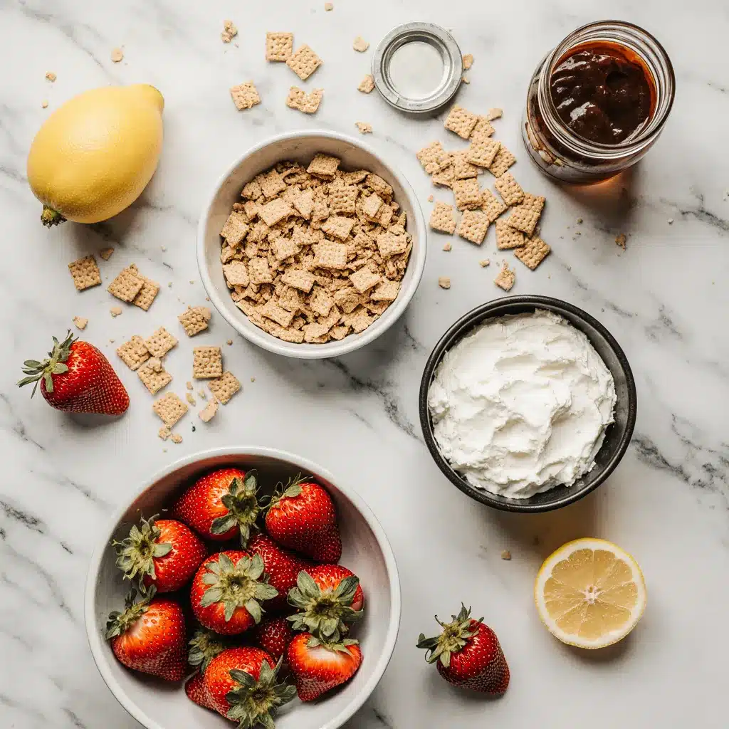 Ingredients for Cottage Cheese Cheesecake Jars: graham crackers, cottage cheese, strawberries.