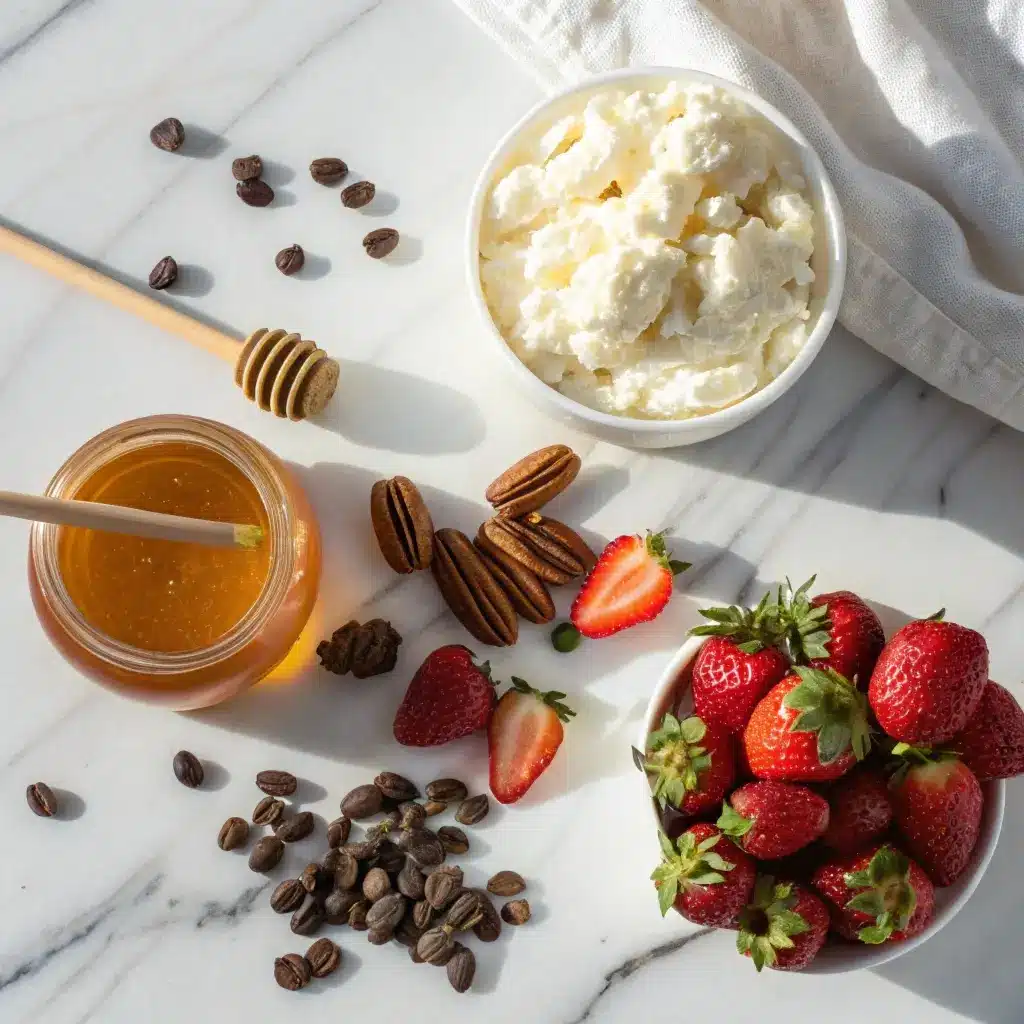 Ingredients for Cottage Cheese Bark: cheese, honey, strawberries, pecans.