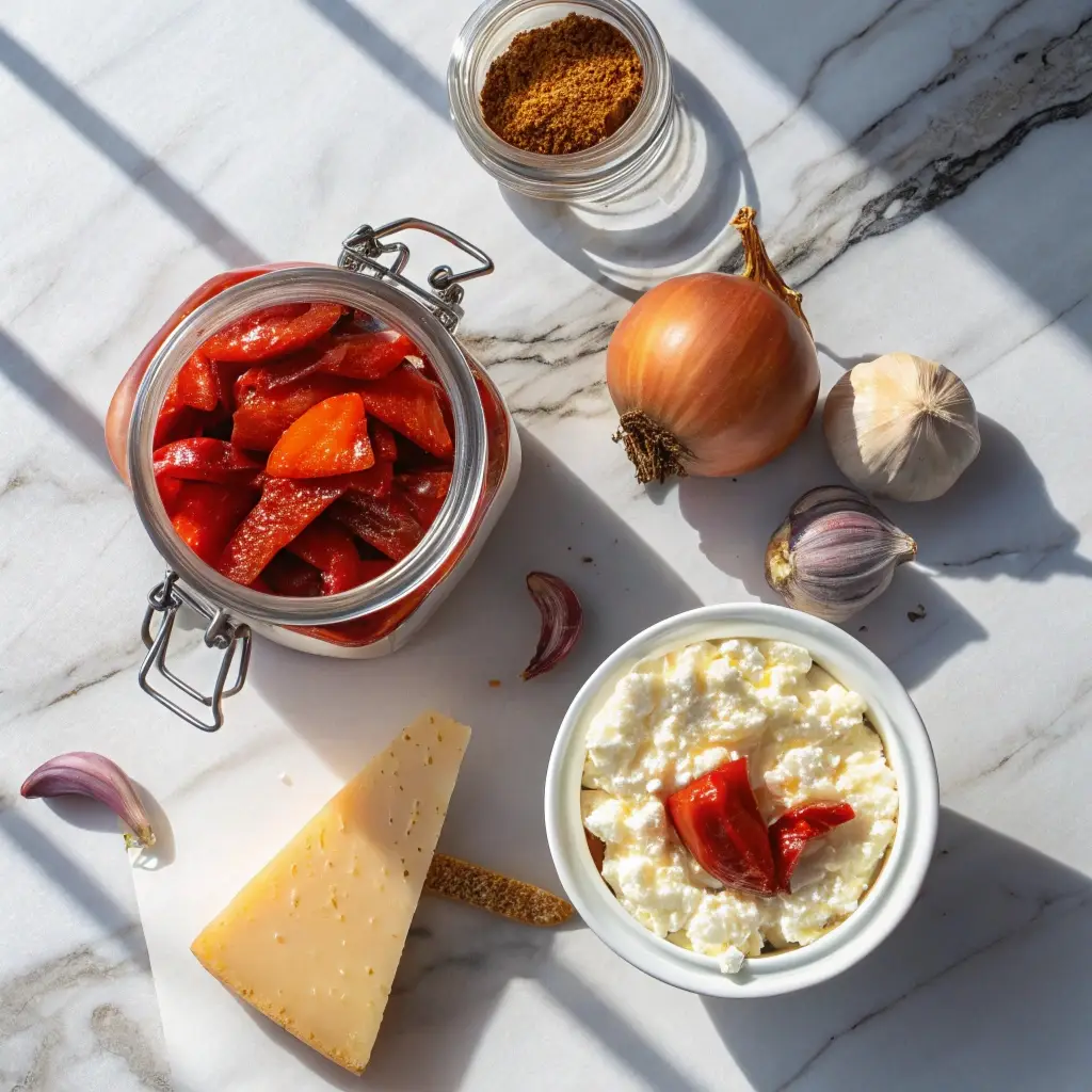 Ingredients for cottage cheese roasted red pepper sauce including jarred peppers.
