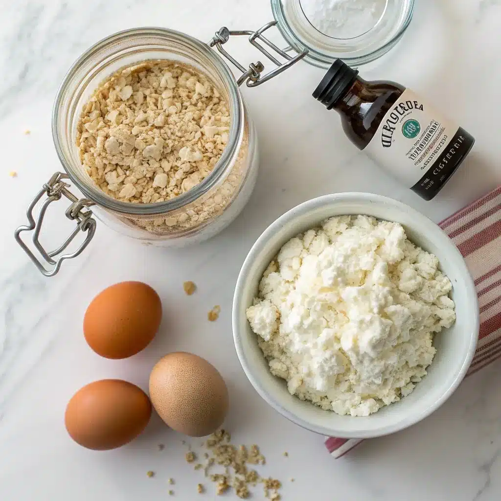 Ingredients for cottage cheese waffles including oats and eggs.