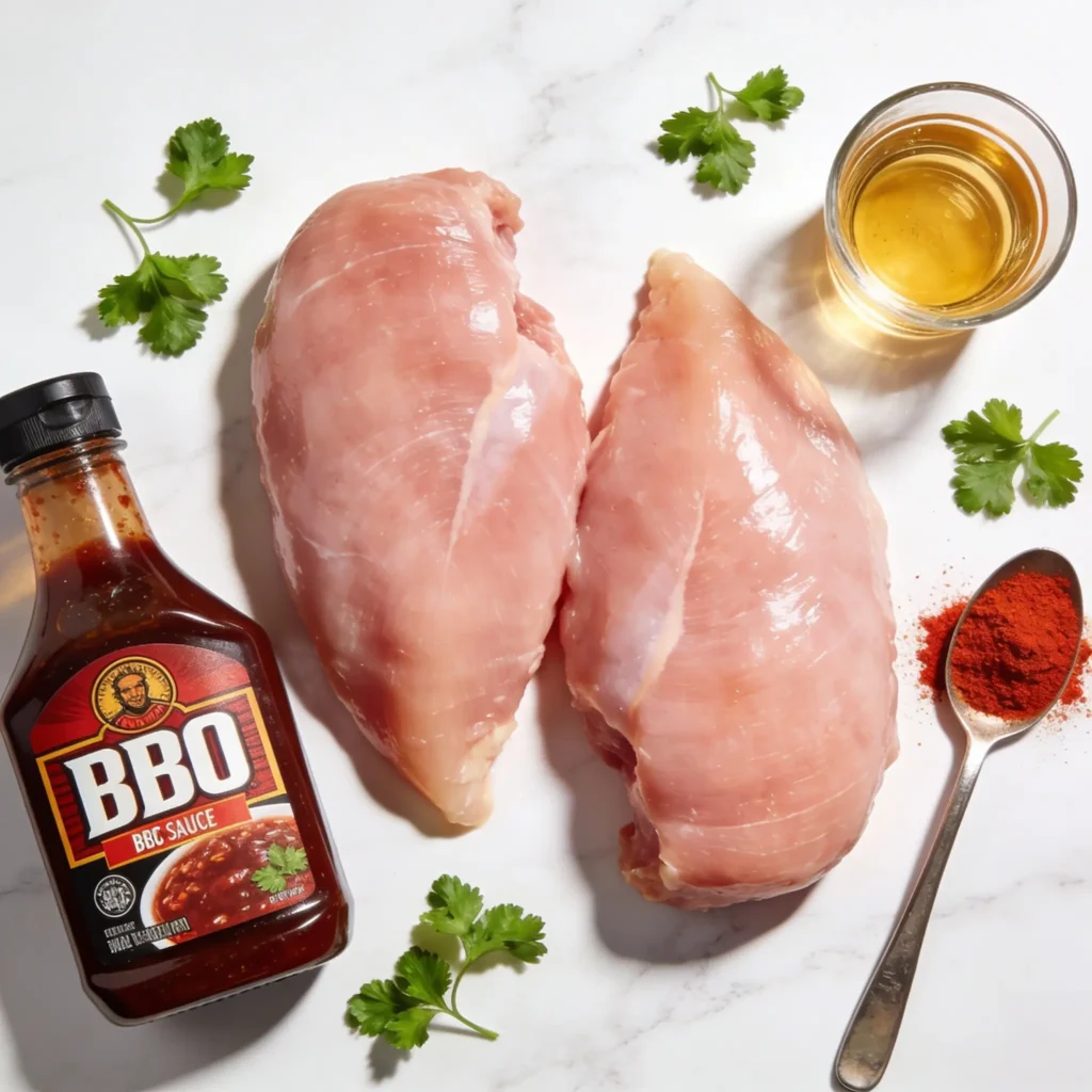 Raw chicken breasts, a bottle of low sugar BBQ sauce, apple cider vinegar, and smoked paprika.