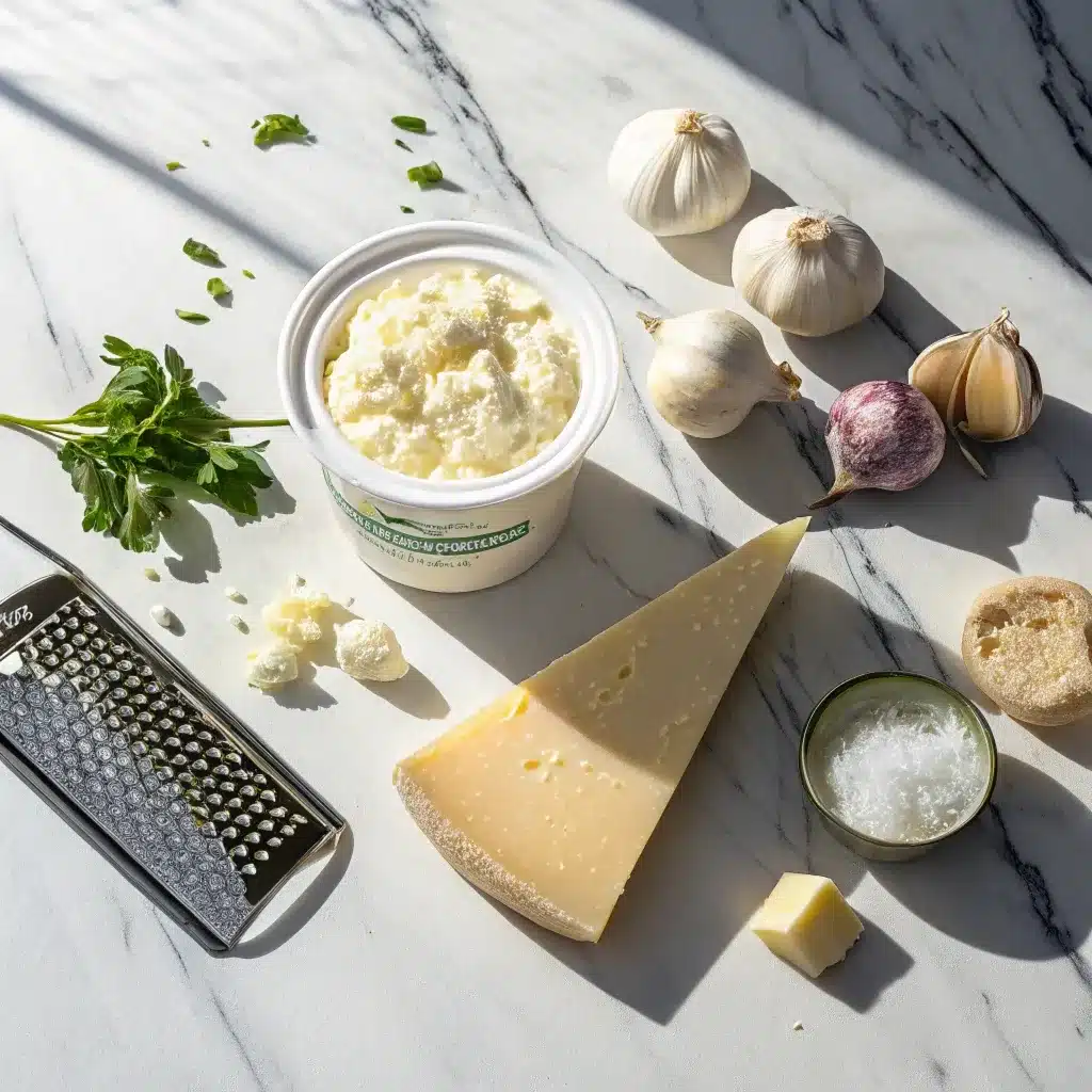 Ingredients for healthy cottage cheese alfredo sauce including parmesan and garlic.