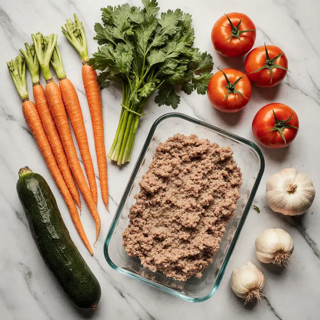 Fresh ingredients for healthy turkey bolognese including lean ground turkey, carrots, celery, and tomatoes.