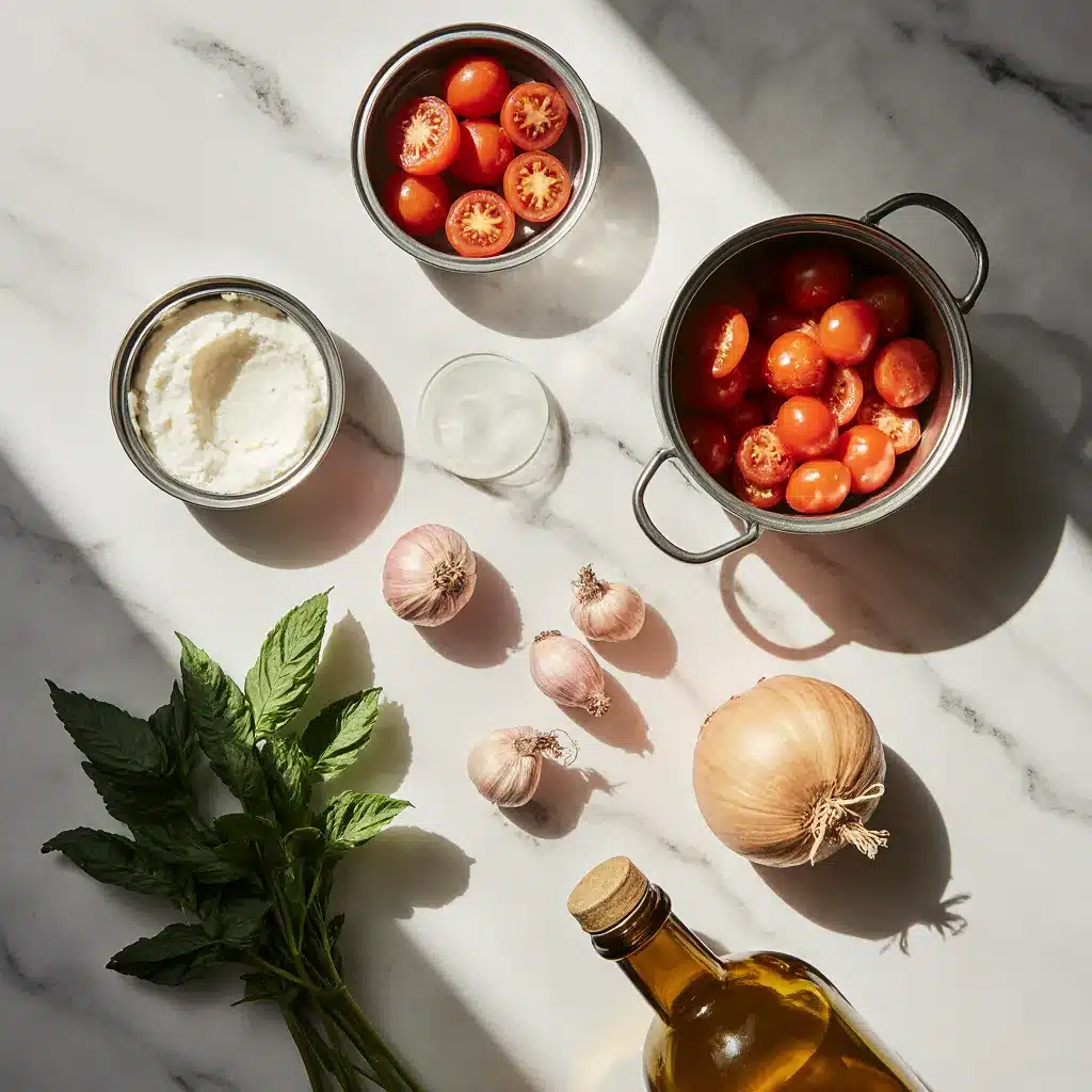 Ingredients for homemade tomato soup including canned tomatoes and cottage cheese.