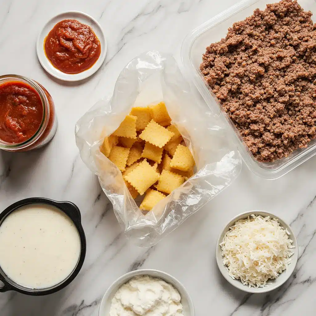 Ingredients for lazy lasagna including frozen ravioli and cottage cheese.