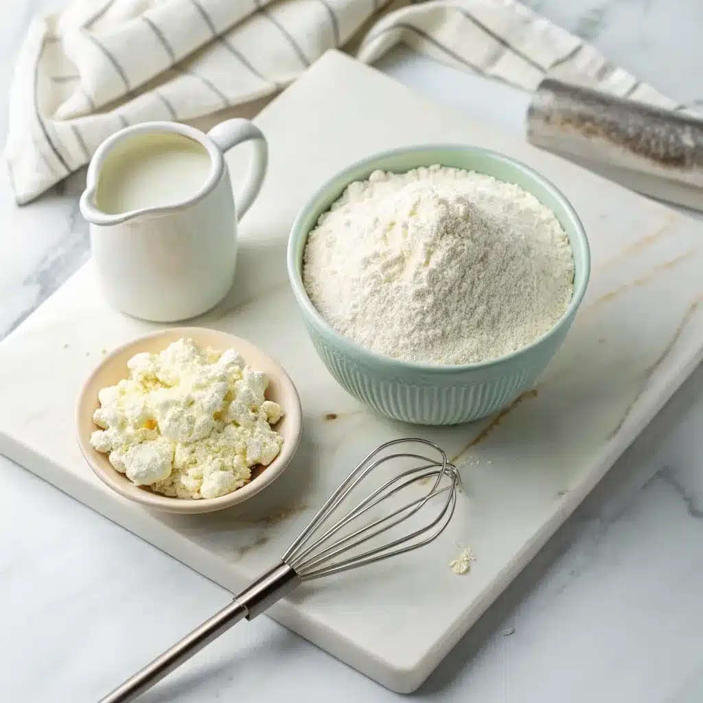 A bowl of self-rising flour and a container of cottage cheese on a marble board.