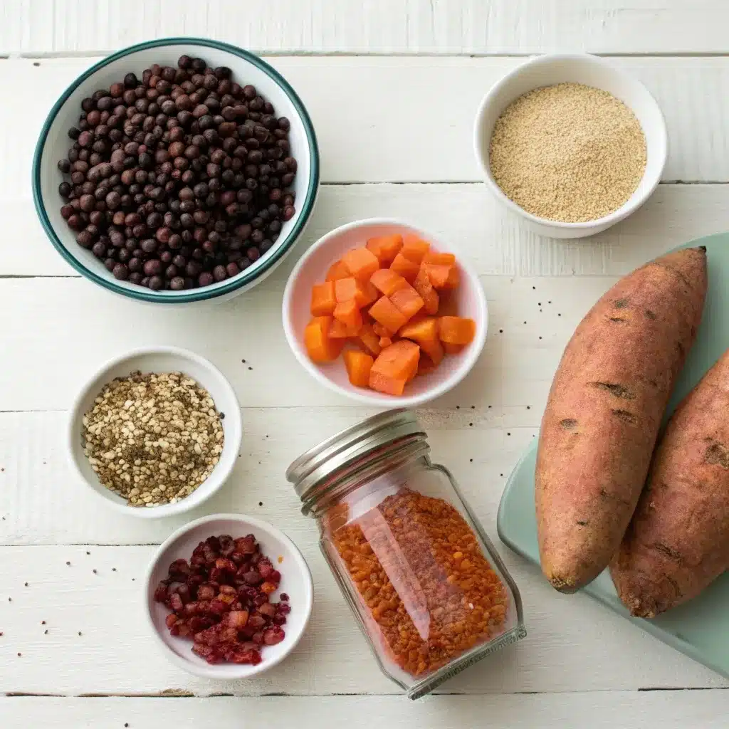 Fresh sweet potatoes, dry quinoa, canned black beans, spices, and tomatoes arranged on a wooden board.