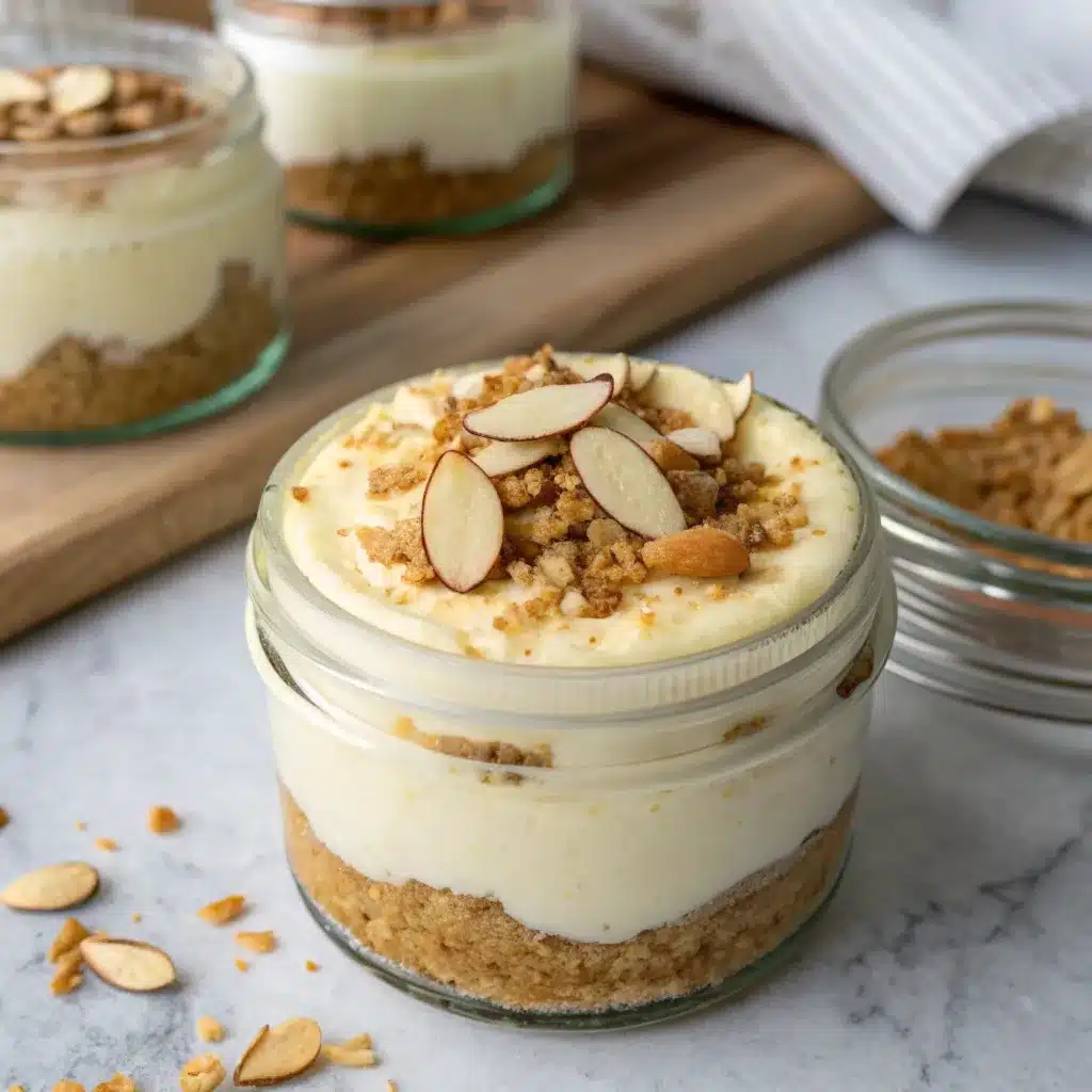 Keto almond flour crust base in a Cottage Cheese Cheesecake Jar.