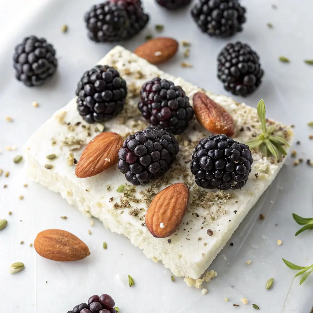 Keto Cottage Cheese Bark topped with blackberries and almonds.
