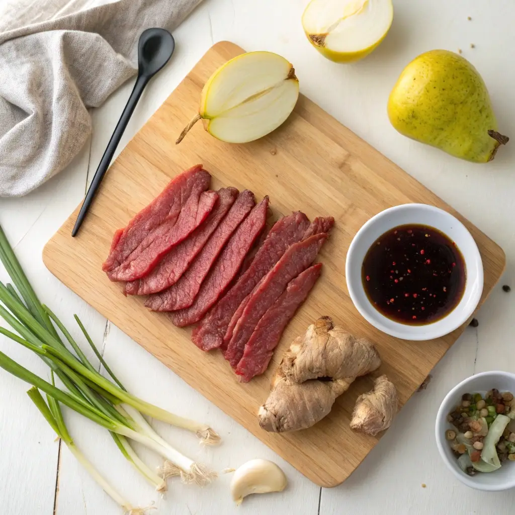 Flatlay of raw flank steak, Asian pear, soy sauce, and ginger.