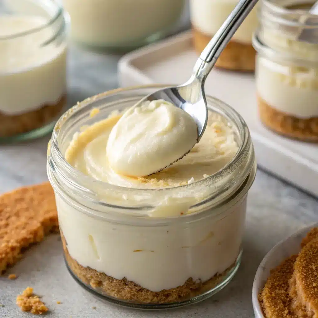 Spoon layering the thick white Cottage Cheese Cheesecake Jar filling.