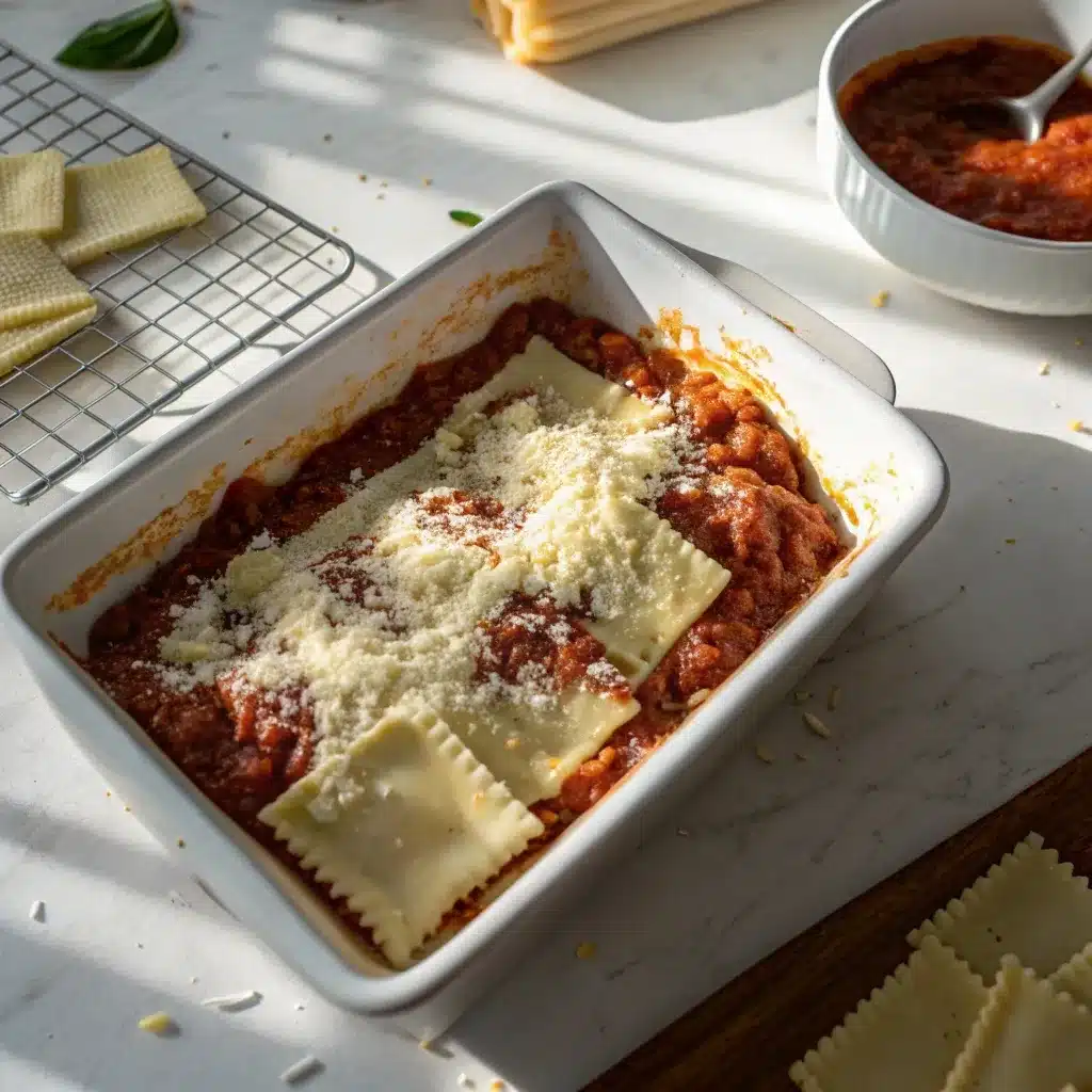 Layering frozen ravioli and sauce in a baking dish.
