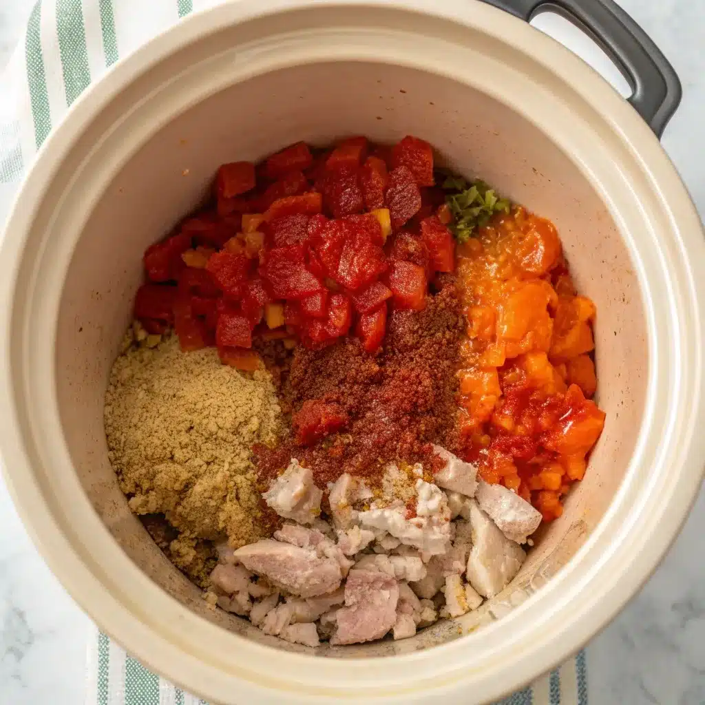 Slow cooker pot filled with layers of turkey, crushed tomatoes, and minced vegetables.