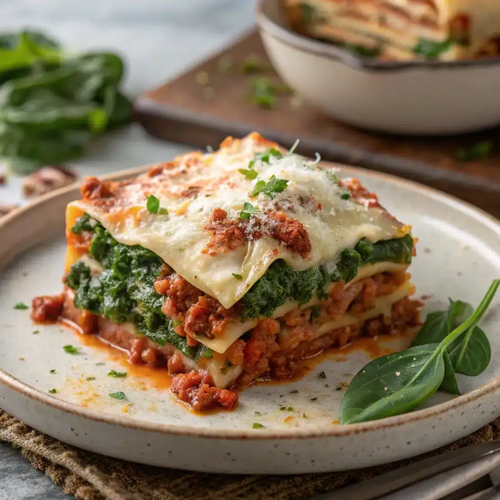 Lazy lasagna scoop with a visible layer of spinach.