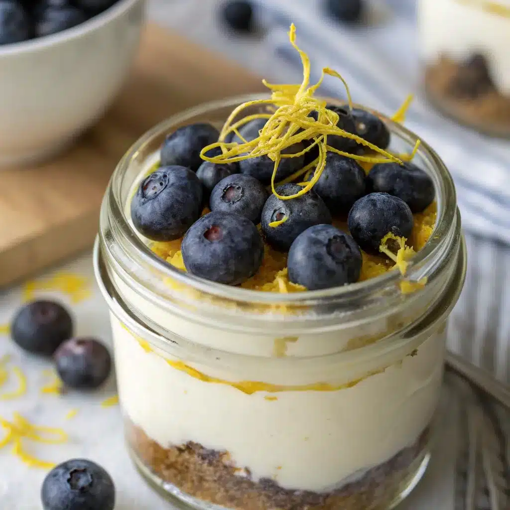 Lemon Blueberry Cottage Cheese Cheesecake Jar with honey drizzle.