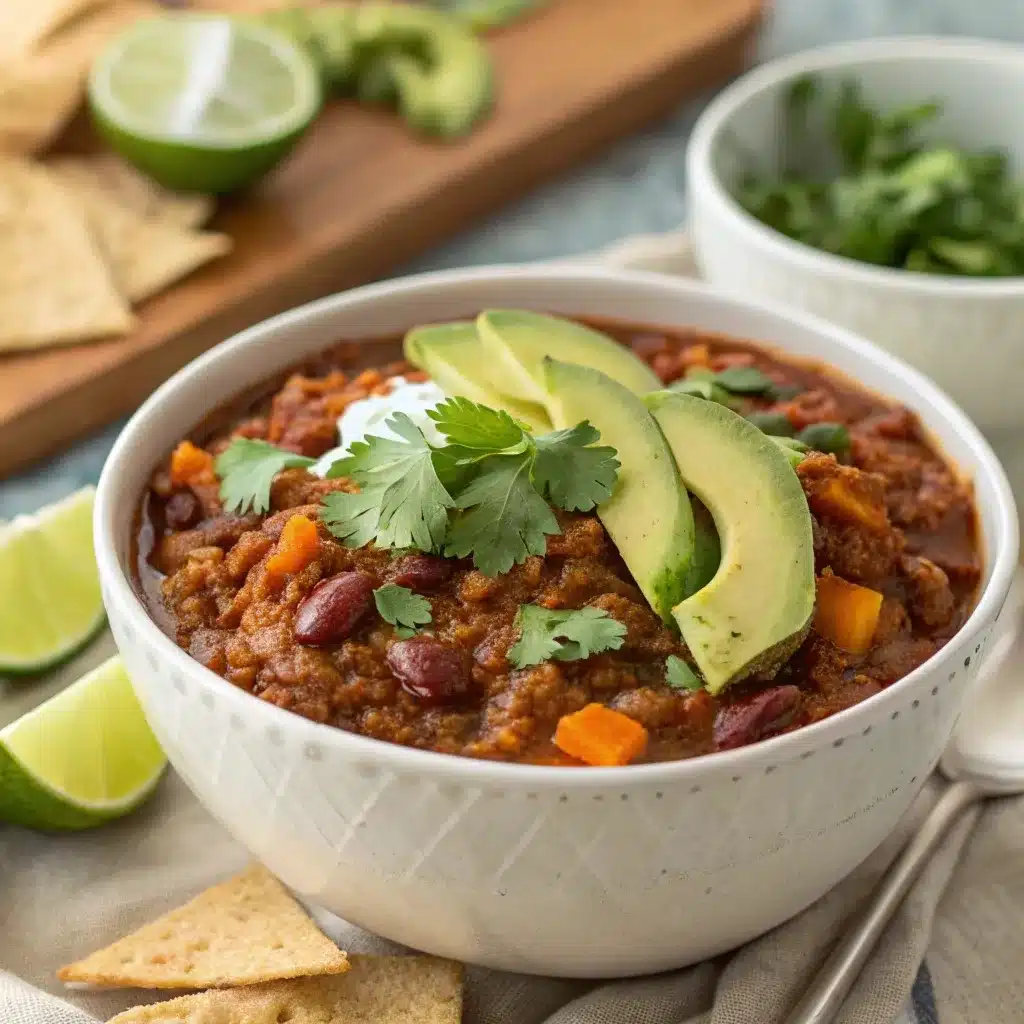A close-up bowl of sweet potato quinoa chili piled high with avocado, tortilla chips, and cilantro.