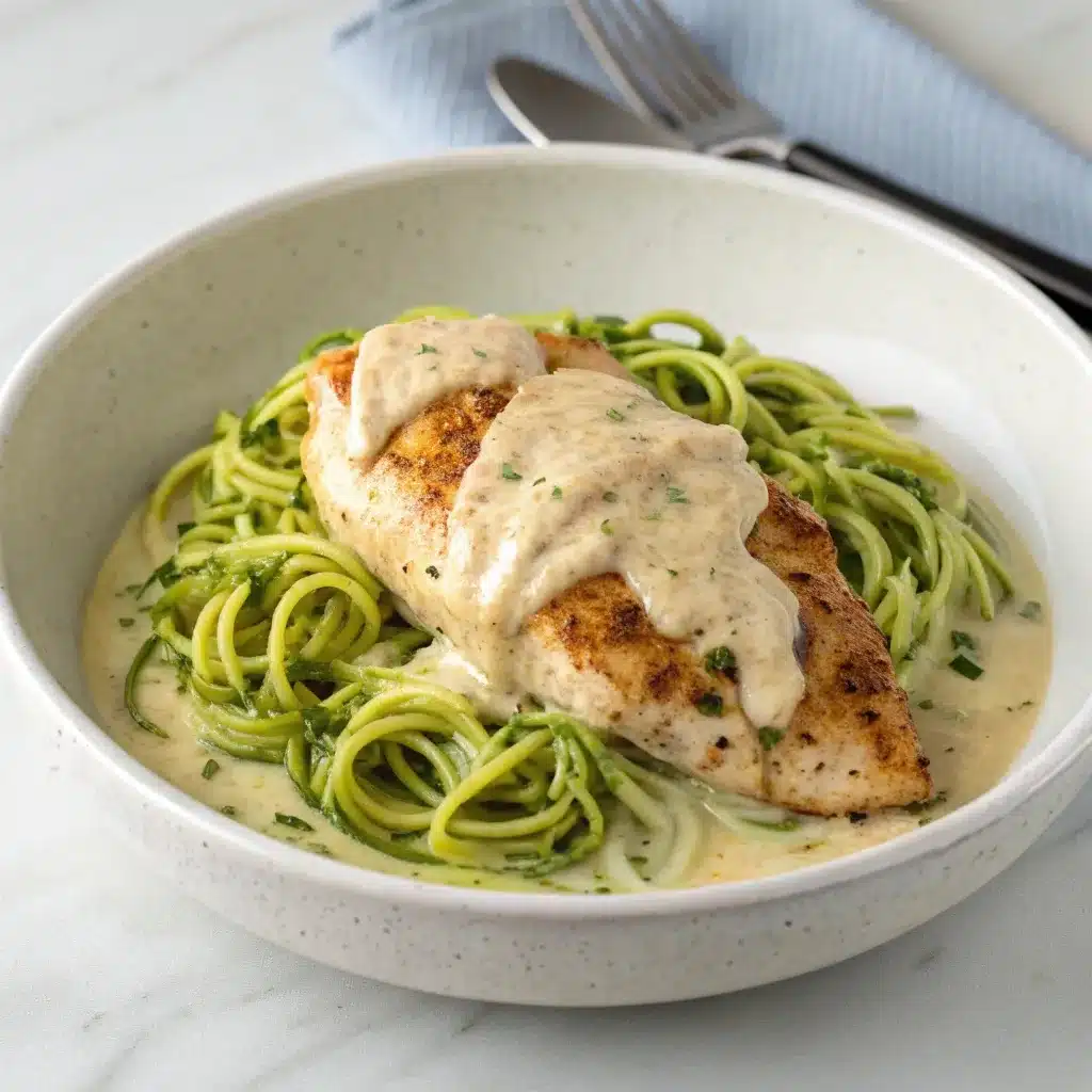 Creamy Slow Cooker Marry Me Chicken breast served over zucchini noodles.