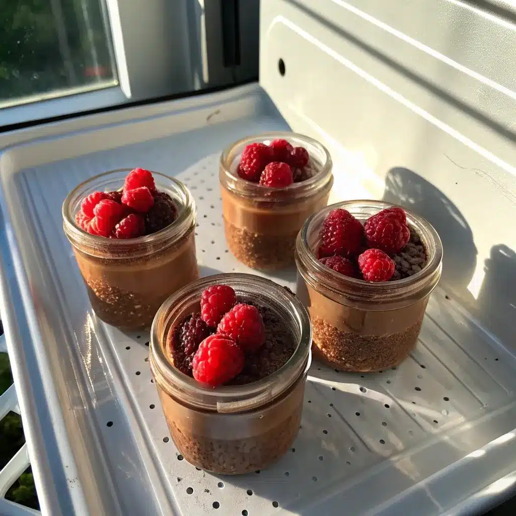 Meal prep containers of chocolate mousse in fridge.