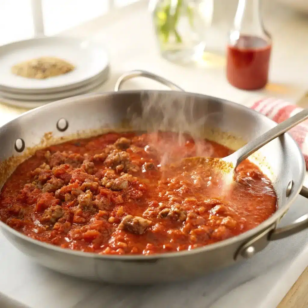 Simmering meat sauce for the high protein lasagna base.