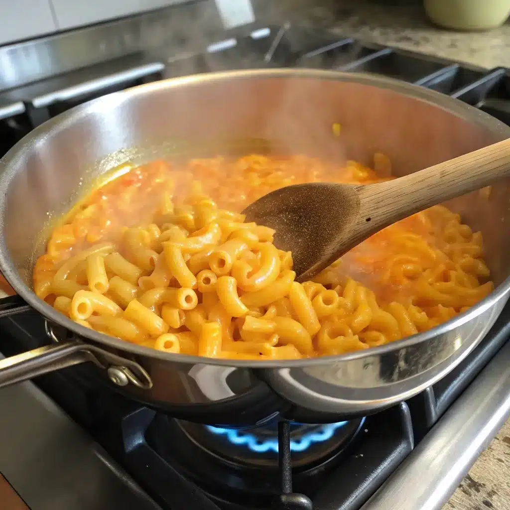 Mixing melted cheddar and cottage cheese sauce into macaroni.