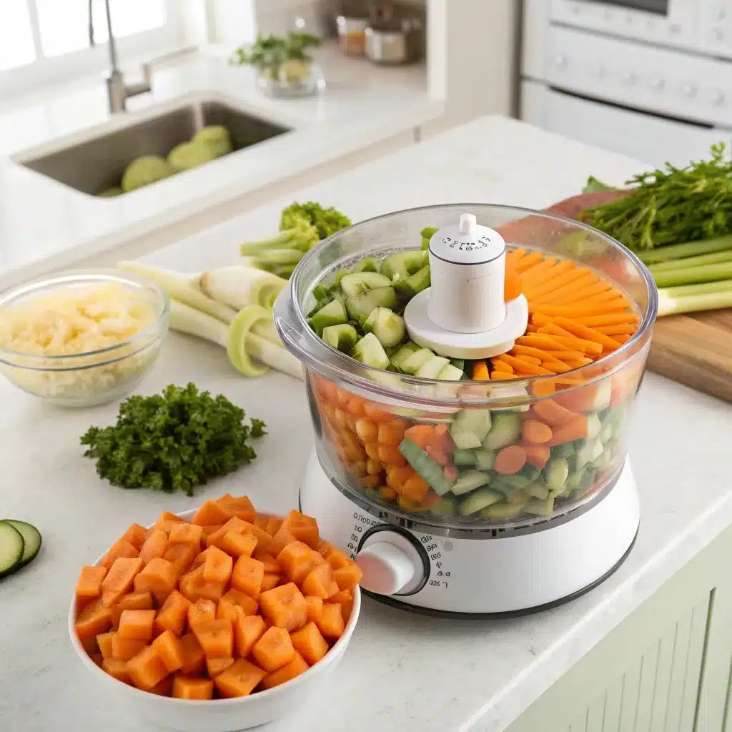 Finely minced carrots, celery, and onions in a food processor for hidden veggie bolognese.