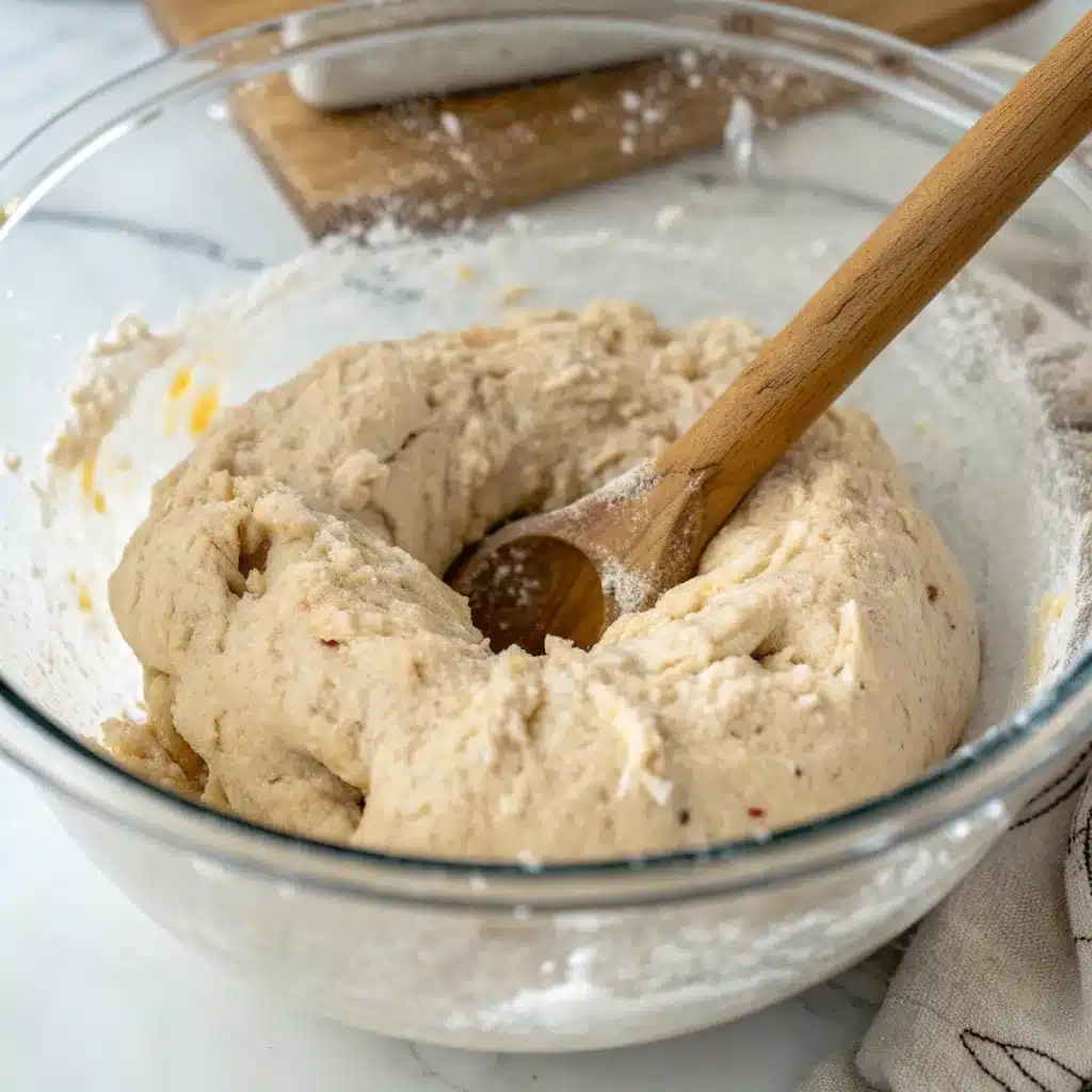 Shaggy cottage cheese dough in a glass mixing bowl mixed with a spatula.