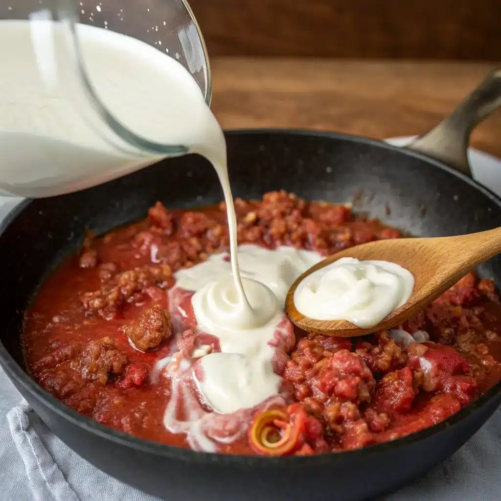 Mixing blended cottage cheese into the meat sauce for lasagna.
