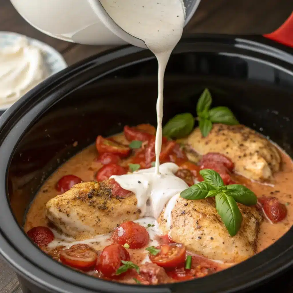 Whisking creamy high protein sauce into the slow cooker pot with chicken and tomatoes.