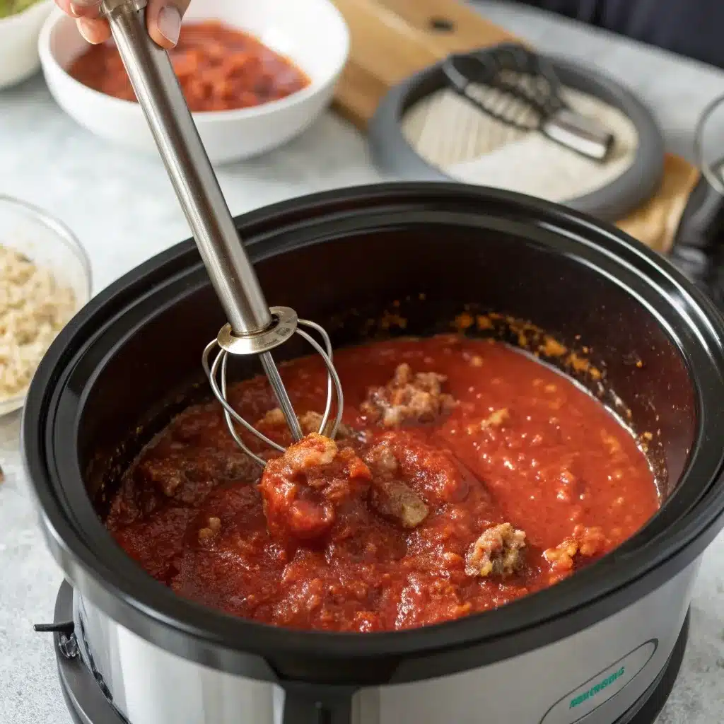 Mixing turkey bolognese ingredients in a slow cooker to break up meat clumps.