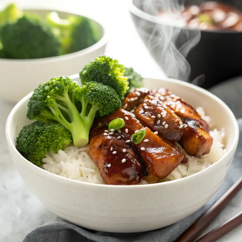 A colorful, mouthwatering bowl of slow cooker teriyaki chicken with bright green broccoli and sesame seeds.