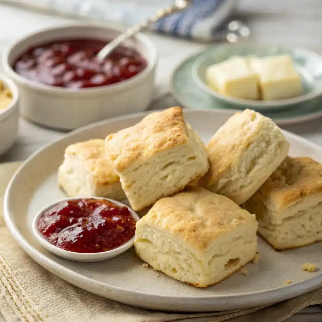 A plate of square cottage cheese biscuits served with jam and butter.
