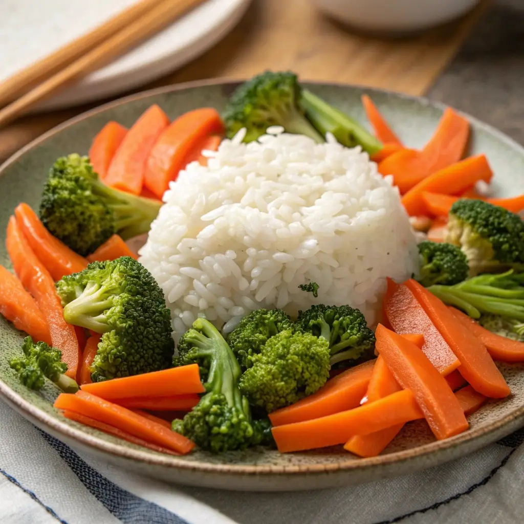 Fluffy white rice, steamed broccoli florets, and sliced carrots arranged for building a teriyaki bowl.