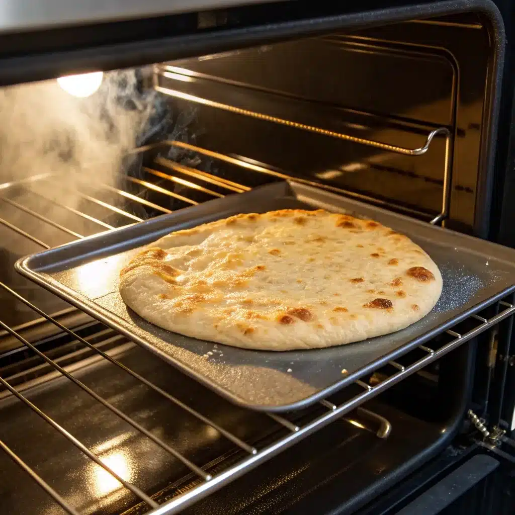 The pre-baked cottage cheese pizza crust coming out of the oven golden brown.