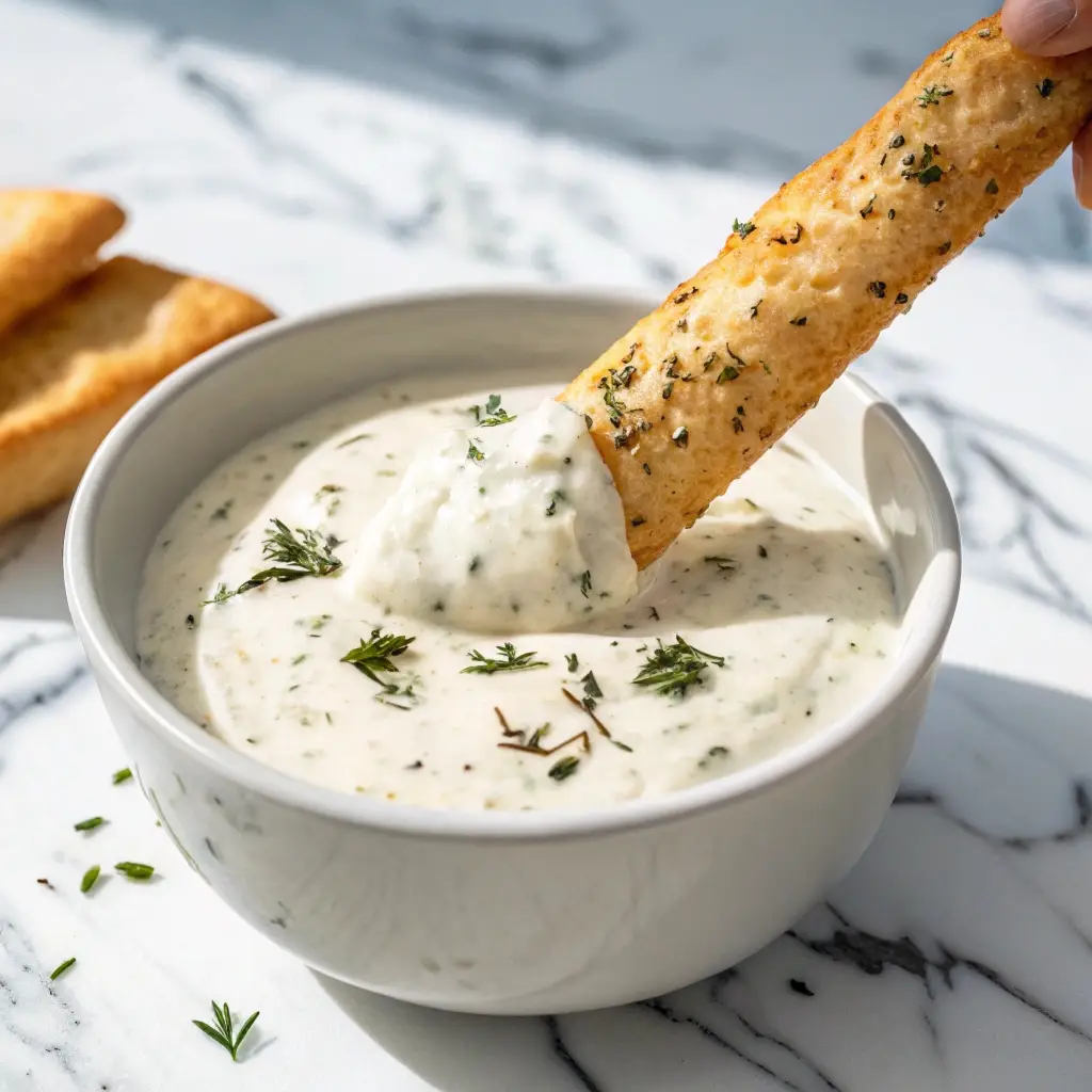 A cheesy breadstick paired with creamy ranch dressing.