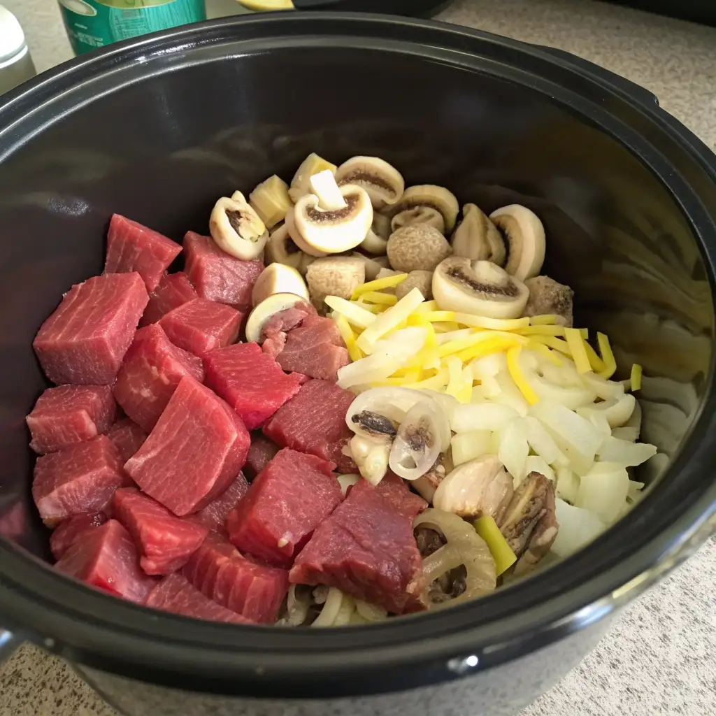 Raw beef cubes, mushrooms, and onions in a slow cooker pot before cooking.