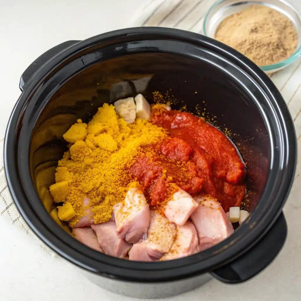 Raw chicken cubes coated in spices inside a slow cooker with tomato passata for Slow Cooker Butter Chicken.